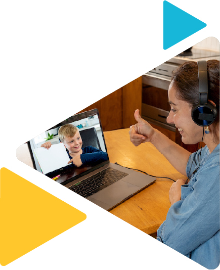 teacher giving thumbs up to student over video lesson on laptop