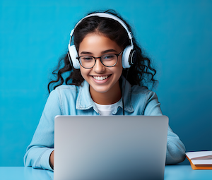 young student sitting at desk with headphones smiling at laptop