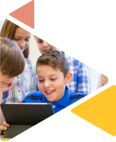 group of students smiling around a tablet